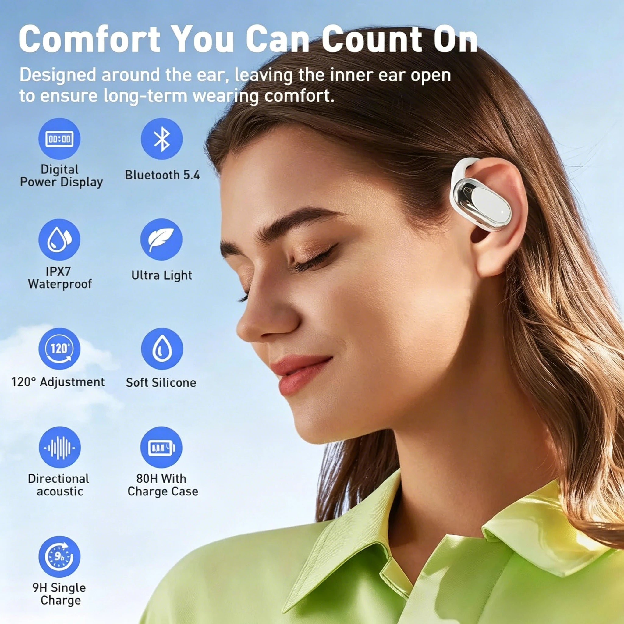 Over-Ear Open-Ear Wireless Bluetooth Headphones Rotatable Design with Noise Cancellation and Built-in Mic Premium Earphones