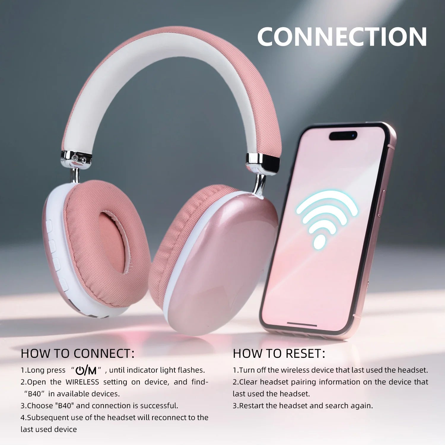 B40 Bluetooth Headphones Over Ear Wireless Headset HiFi Music Gaming Comfortable Mic for iPhone Android PC pink